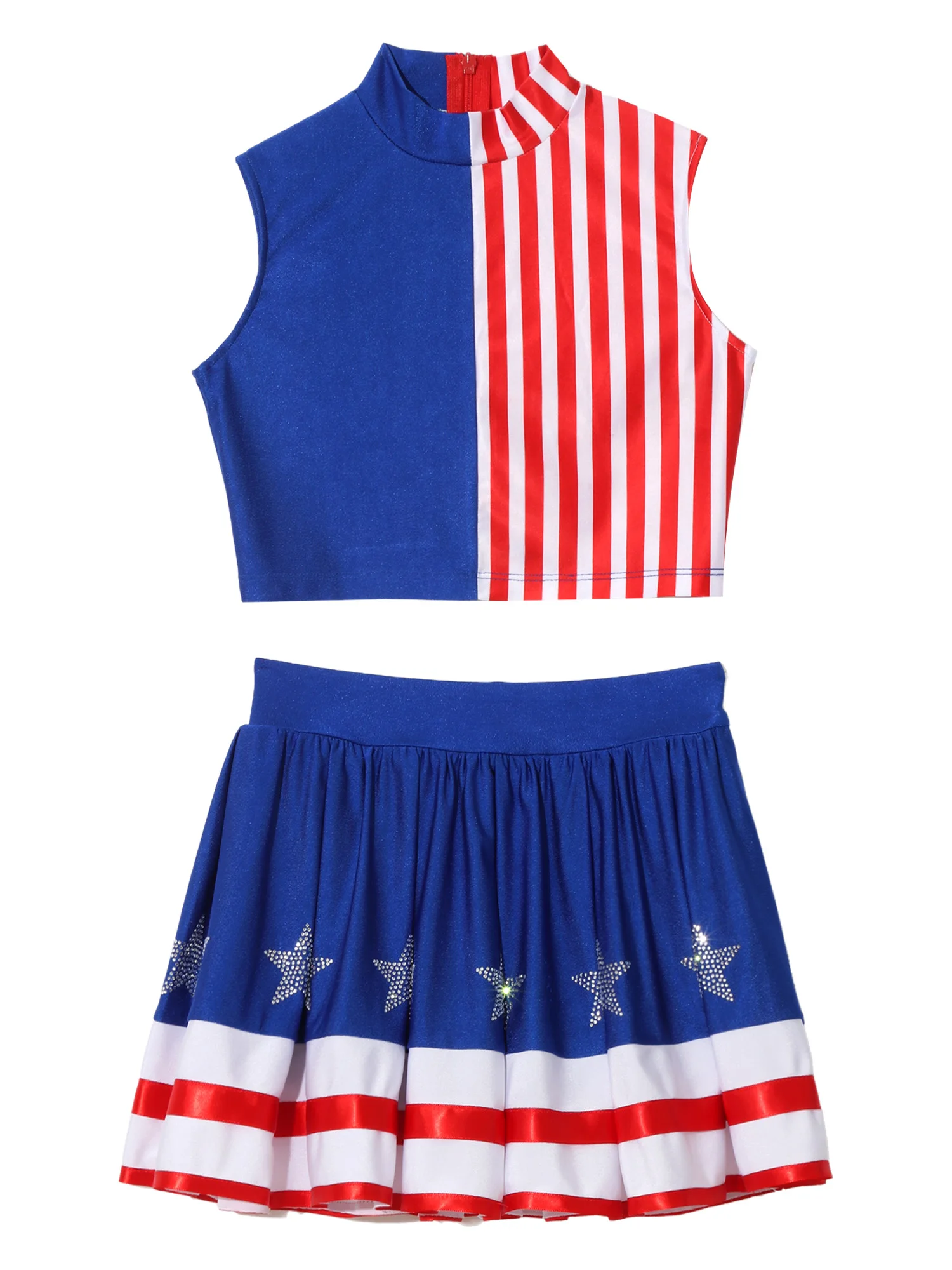 Children USA Independence Day Cheer Outfit Sleeveless Back Striped Crop Top Rhinestone Stars Skirt for Patriotic Performance
Children USA Independence Day Cheer Outfit Sleeveless Back Striped Crop Top Rhinestone Stars Skirt for Patriotic Performance