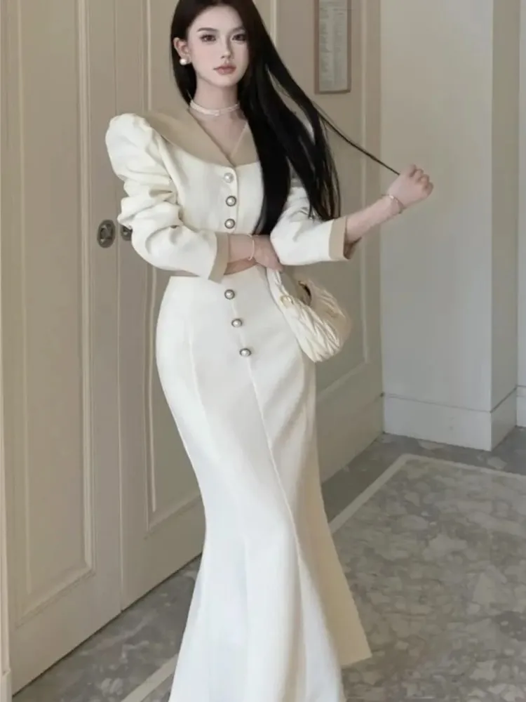 Autumn Women Long Sleeves Short Coat High Waist Mermaid Skirt Suit Elegant Korean Style Patchwork Outfit Two Piece Set
Autumn Women Long Sleeves Short Coat High Waist Mermaid Skirt Suit Elegant Korean Style Patchwork Outfit Two Piece Set
