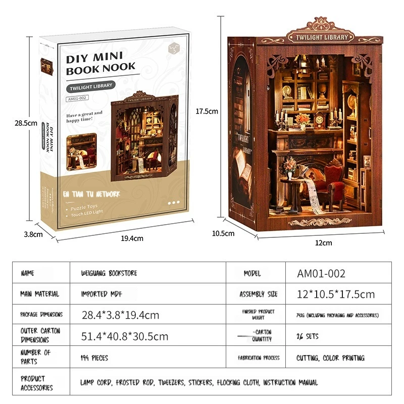 Twilight Library DIY Mini Book Nook 3D Wooden Assembly Puzzle Creative Bookend With Touch LED Light Decoration doll house gifts
Twilight Library DIY Mini Book Nook 3D Wooden Assembly Puzzle Creative Bookend With Touch LED Light Decoration doll house gifts