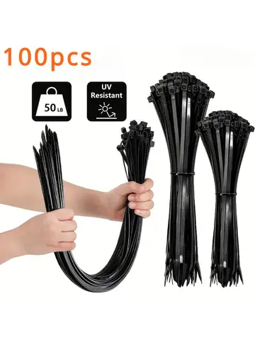 100pcs Black Cable Ties High Tensile Strength, Uv Resistant, Self-Locking For Home & Office Cord Management