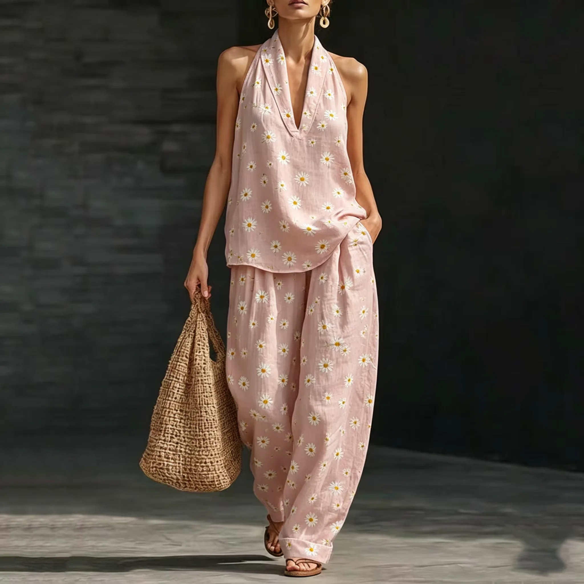 Ditsy Daisy Print Women Two Piece Sets Outfits Summer Halter Neck Sleeveless V-Neck Top & Wide Leg Pants Set Beach Outfit
Ditsy Daisy Print Women Two Piece Sets Outfits Summer Halter Neck Sleeveless V-Neck Top & Wide Leg Pants Set Beach Outfit