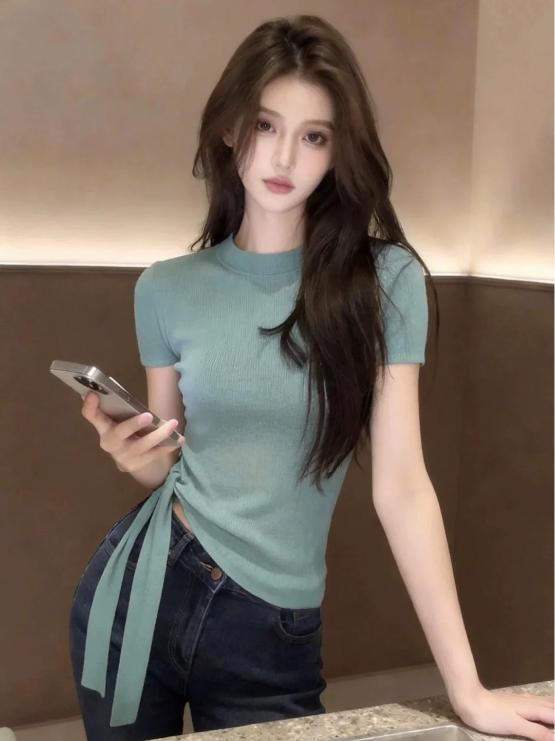 Elegant Mint Green Ice Silk Knitted Short Sleeve T-Shirt Women's Summer Super Beautiful Tie Waist Slim Fit Top Casual Style
Elegant Mint Green Ice Silk Knitted Short Sleeve T-Shirt Women's Summer Super Beautiful Tie Waist Slim Fit Top Casual Style