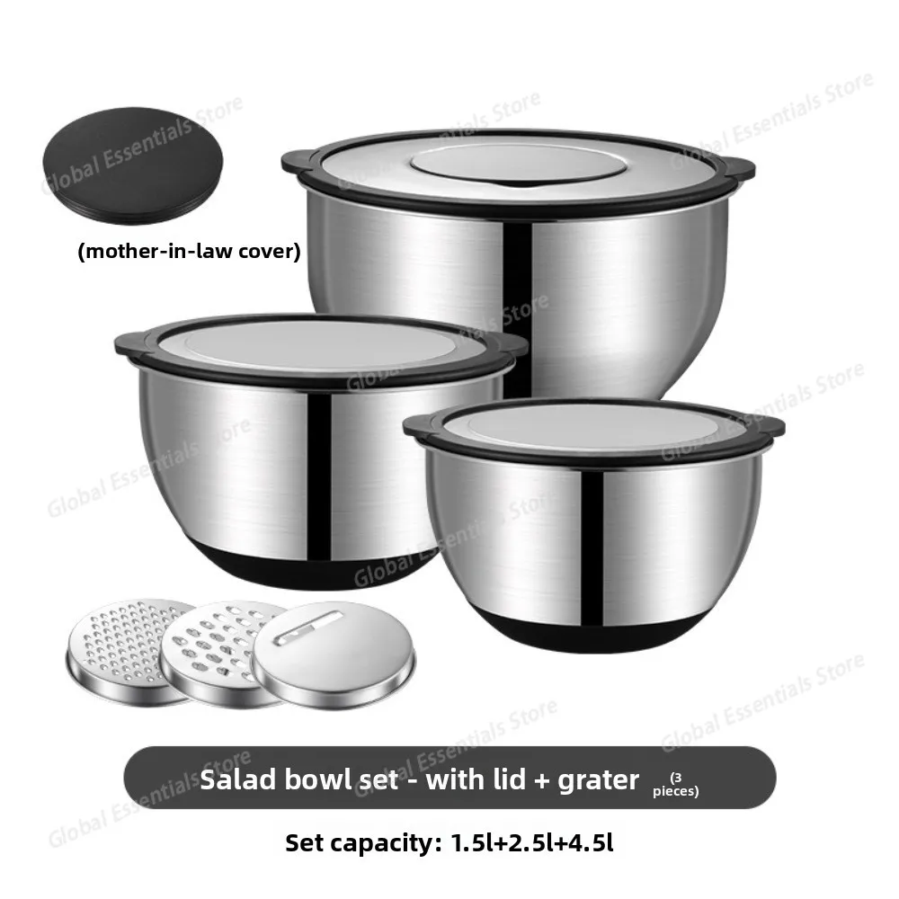 3 piece set 304 Stainless Steel Salad Bowl Set with Visible Lid, Scale & Non-Slip Silicone Base - Includes Grater
3 piece set 304 Stainless Steel Salad Bowl Set with Visible Lid, Scale & Non-Slip Silicone Base - Includes Grater
