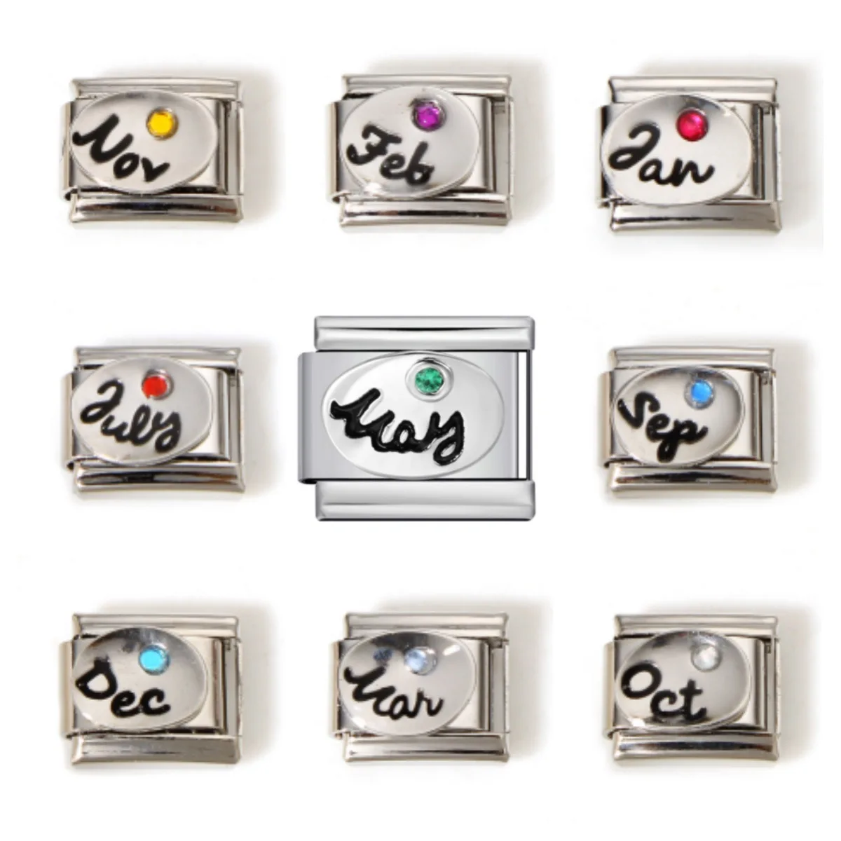 12 Months Symbols Cubic Zirconia Italian Charm Links 9mm Stainless Steel Bracelet Jewelry Sparkling DIY Gifts for Women Men
12 Months Symbols Cubic Zirconia Italian Charm Links 9mm Stainless Steel Bracelet Jewelry Sparkling DIY Gifts for Women Men