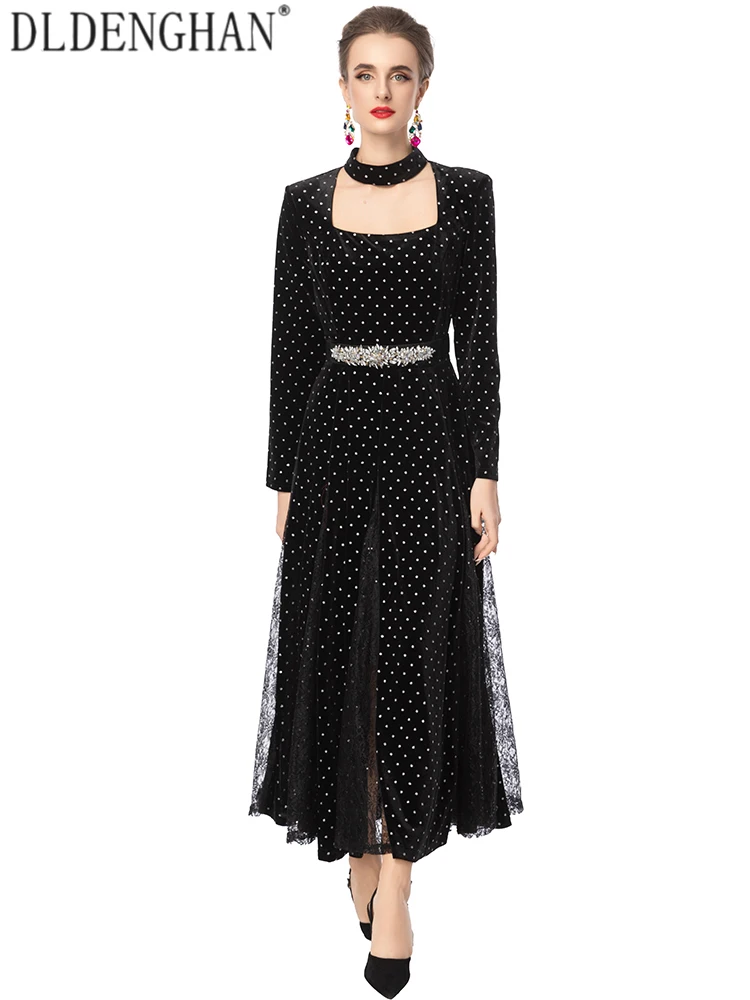 DLDENGHAN Women's Vintage Velvet Dress with Square Collar Long Sleeves Diamond Sash Dot Pattern for Autumn Fashion Female
DLDENGHAN Women's Vintage Velvet Dress with Square Collar Long Sleeves Diamond Sash Dot Pattern for Autumn Fashion Female