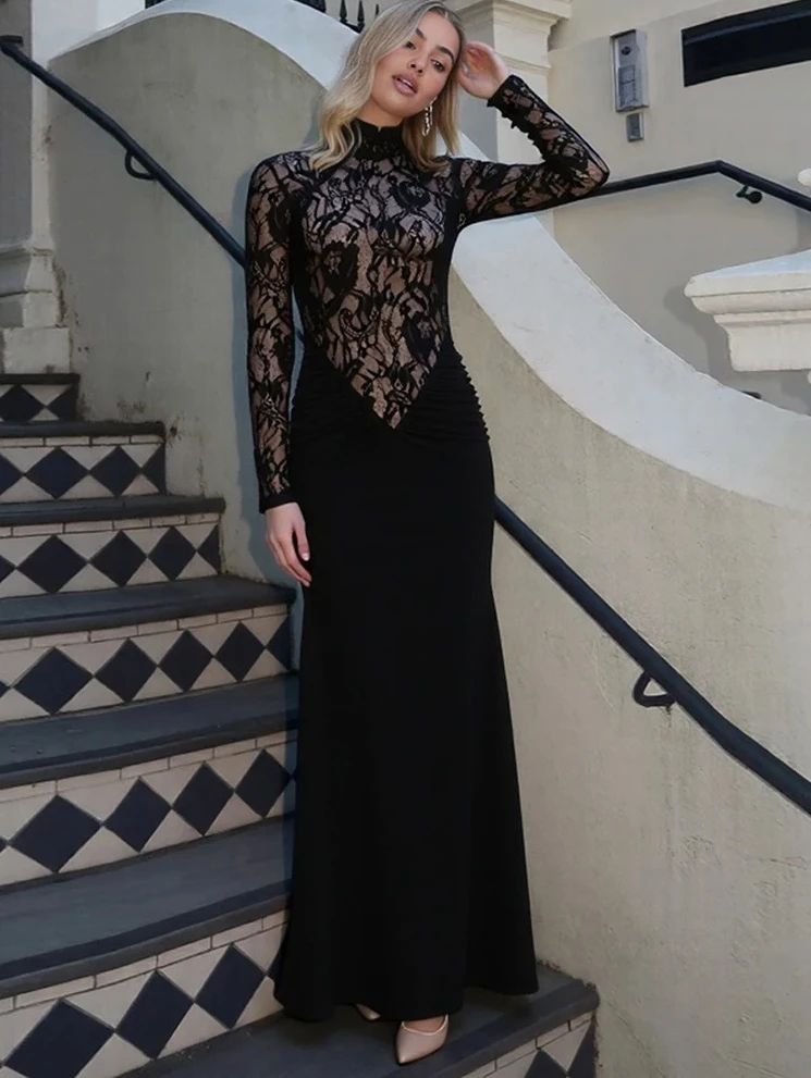 Turtleneck Lace Patchwork Maxi Dress Women Full Sleeve Skinny Folds Zipper Sexy Midnight Fashion Prom Party Vestidos
Turtleneck Lace Patchwork Maxi Dress Women Full Sleeve Skinny Folds Zipper Sexy Midnight Fashion Prom Party Vestidos