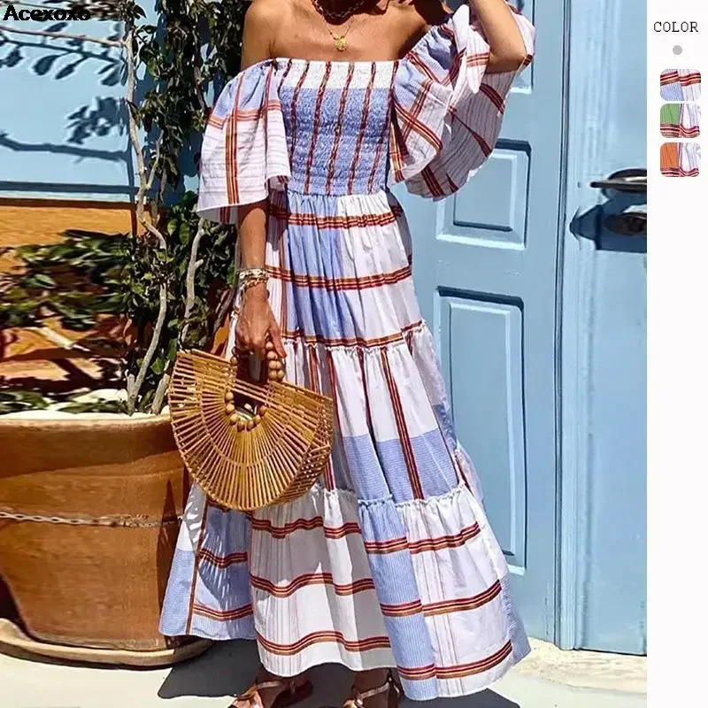 2023 summer new women's fashion casual elegant strapless one line shoulder striped print patchwork ruffled dress
2023 summer new women's fashion casual elegant strapless one line shoulder striped print patchwork ruffled dress
