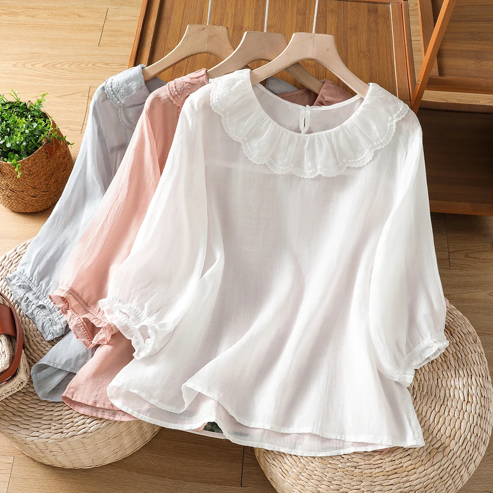 Women's Large Size T-shirt Spring Summer New Style Ruffle Sleeve Embroidered Doll Collar Base Shirt Belly Cover Cool Feeling
Women's Large Size T-shirt Spring Summer New Style Ruffle Sleeve Embroidered Doll Collar Base Shirt Belly Cover Cool Feeling