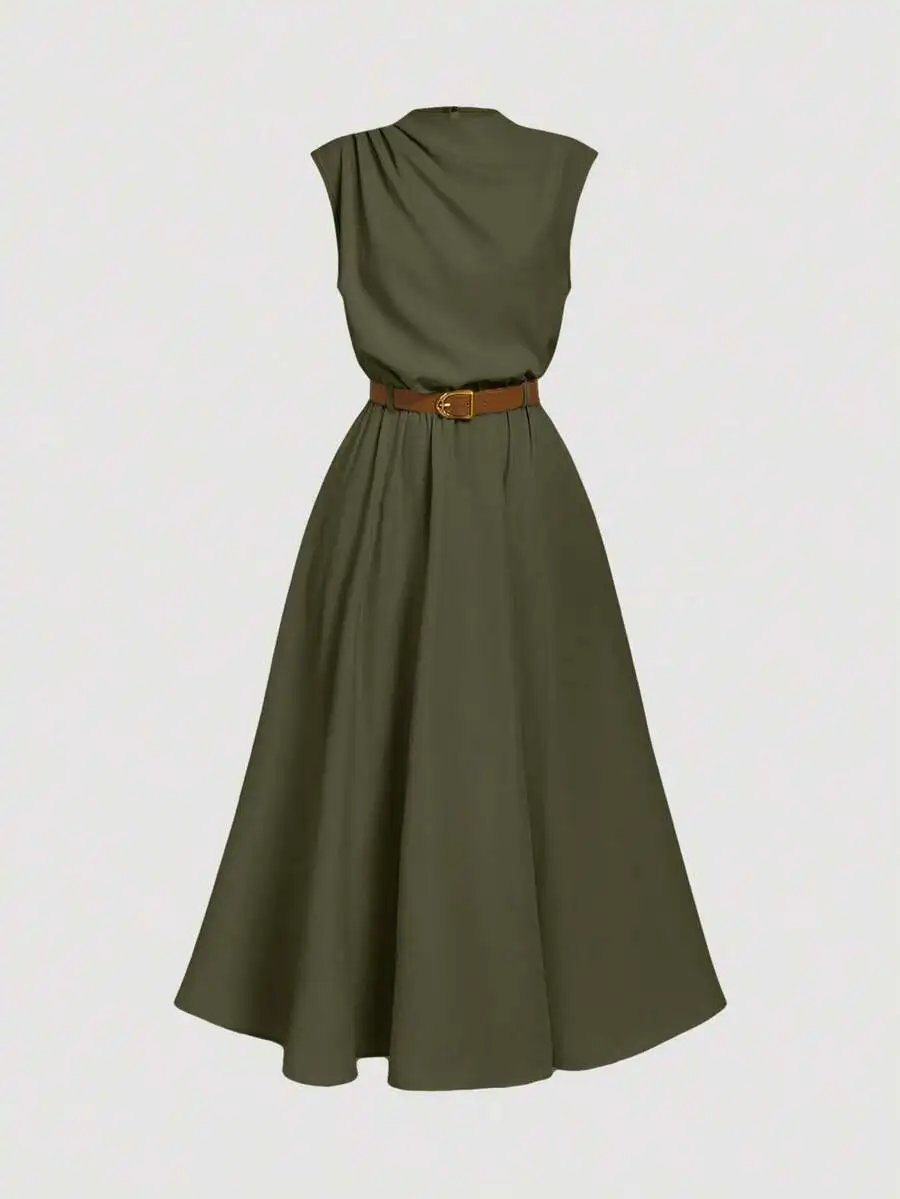 Olive Solid Color Sleeveless Dress With Belt For Women
Olive Solid Color Sleeveless Dress With Belt For Women
