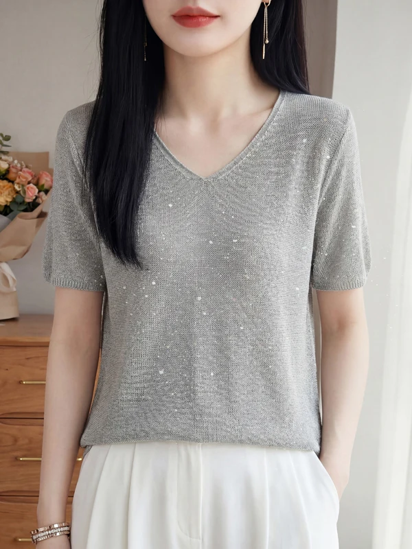 Soft Ice Hemp Knitted T-Shirt Women's Summer Slim Fit V-Neck Short Sleeve Glitter Design Casual Style Breathable Comfortable
Soft Ice Hemp Knitted T-Shirt Women's Summer Slim Fit V-Neck Short Sleeve Glitter Design Casual Style Breathable Comfortable