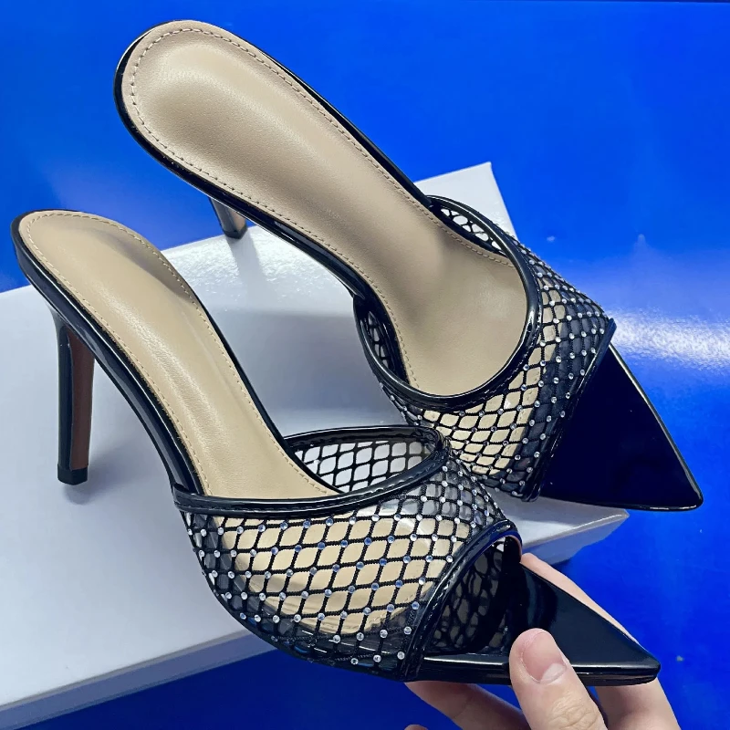 Summer Women's High-heeled Sandals Sheepskin Black Grid Rhinestone High-heeled Slippers Stiletto Pointed Open-toe Slippers
Summer Women's High-heeled Sandals Sheepskin Black Grid Rhinestone High-heeled Slippers Stiletto Pointed Open-toe Slippers
