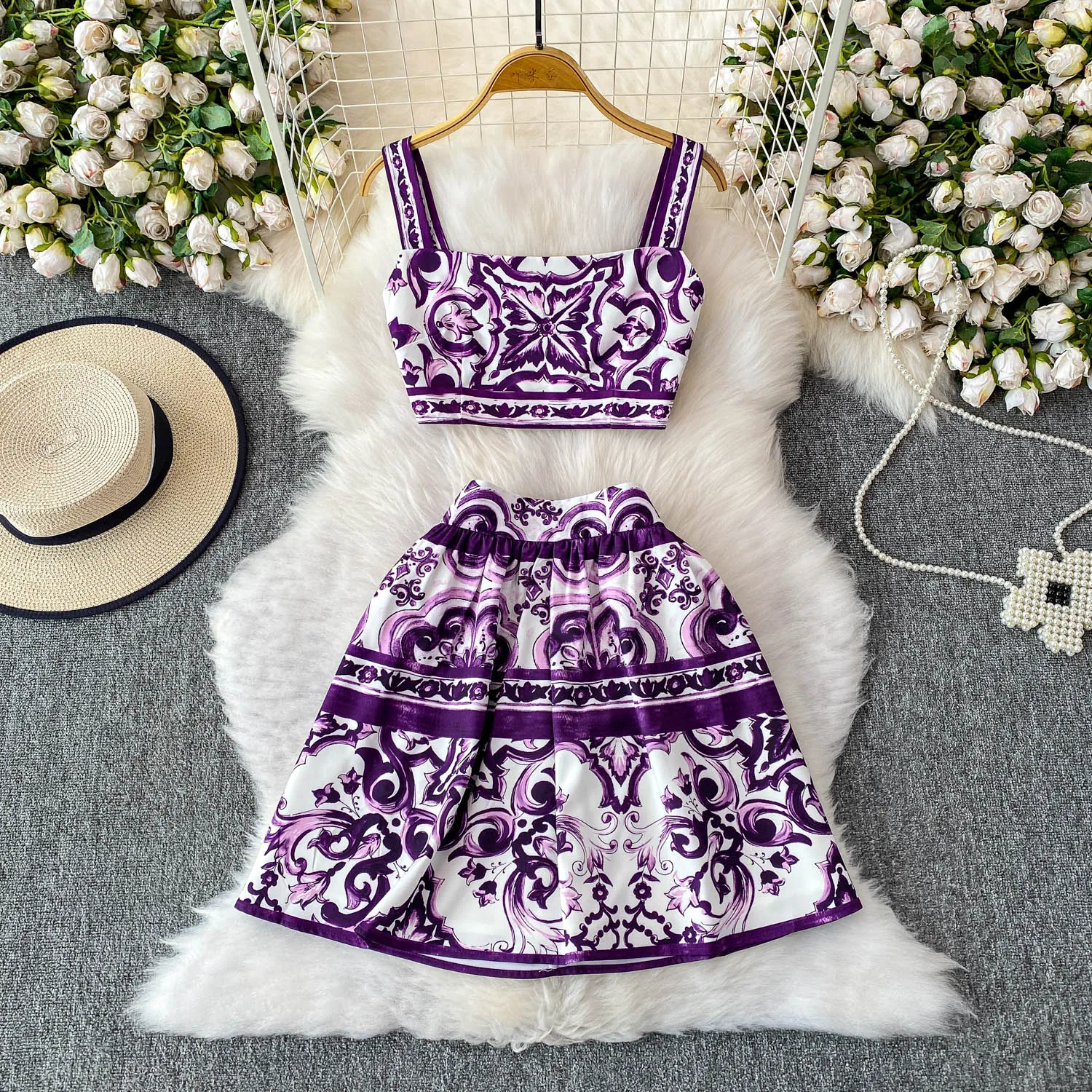 Summer Printed Skirt Two Pieces Set Square Collar Tank Tops A-line Skirts Purple Sets American Fashion Elegant Women Suit
Summer Printed Skirt Two Pieces Set Square Collar Tank Tops A-line Skirts Purple Sets American Fashion Elegant Women Suit