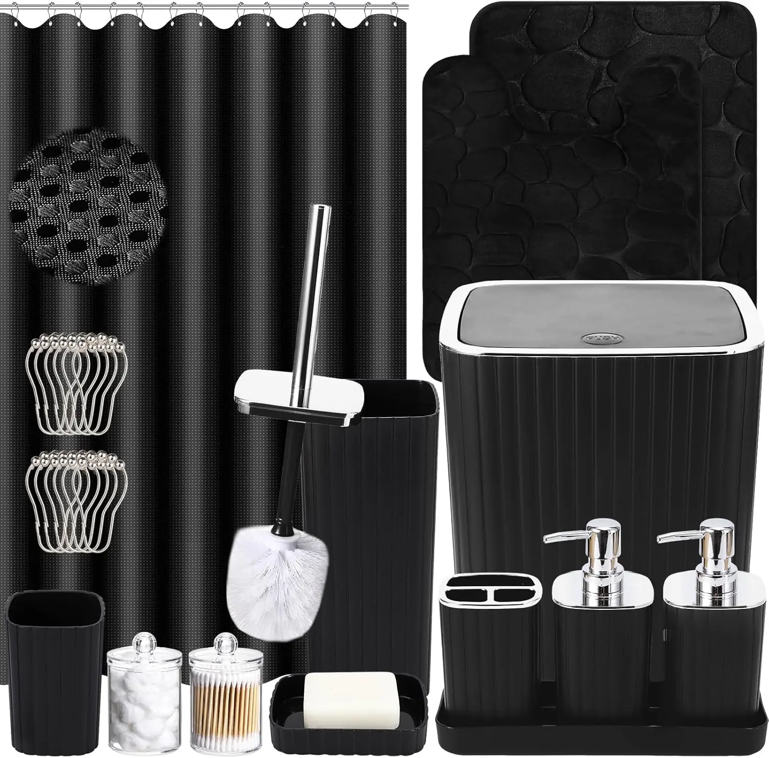 25-Piece Black Bathroom Set with Shower Curtain and Rugs - Durable Plastic Accessories for Home, Gift
25-Piece Black Bathroom Set with Shower Curtain and Rugs - Durable Plastic Accessories for Home, Gift