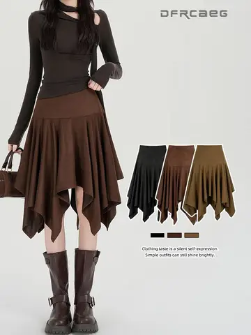 Autumn Winter Asymmetrical Faux Suede Midi Skirt For Women American Retro Y2K Casual Pleated Flared Vintage Skater Skirts
