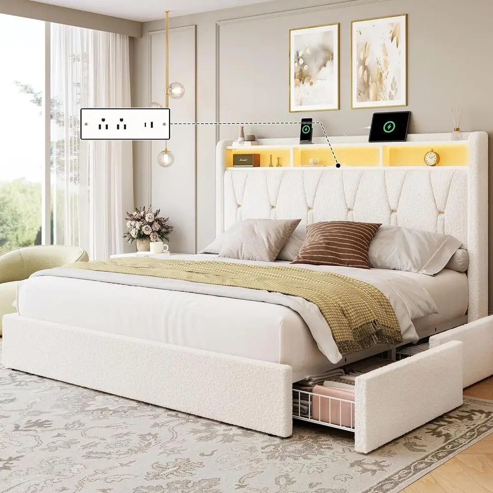 King Size Storage Bed with 4 Drawers, Upholstered Platform, LED Lights & Charging Station, Easy Assembly, No Box Spring Needed,
King Size Storage Bed with 4 Drawers, Upholstered Platform, LED Lights & Charging Station, Easy Assembly, No Box Spring Needed,