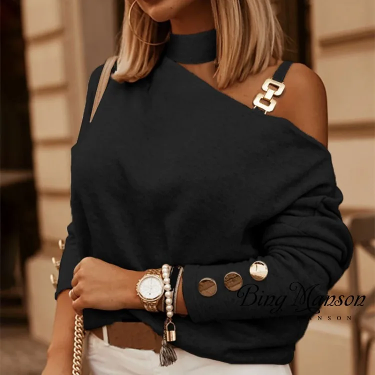 2023 Autumn Women's New Fashion Long Sleeve Oblique Shoulder Chain Decorative Top Off Shoulder Top Shirt Top Fashion Women
2023 Autumn Women's New Fashion Long Sleeve Oblique Shoulder Chain Decorative Top Off Shoulder Top Shirt Top Fashion Women