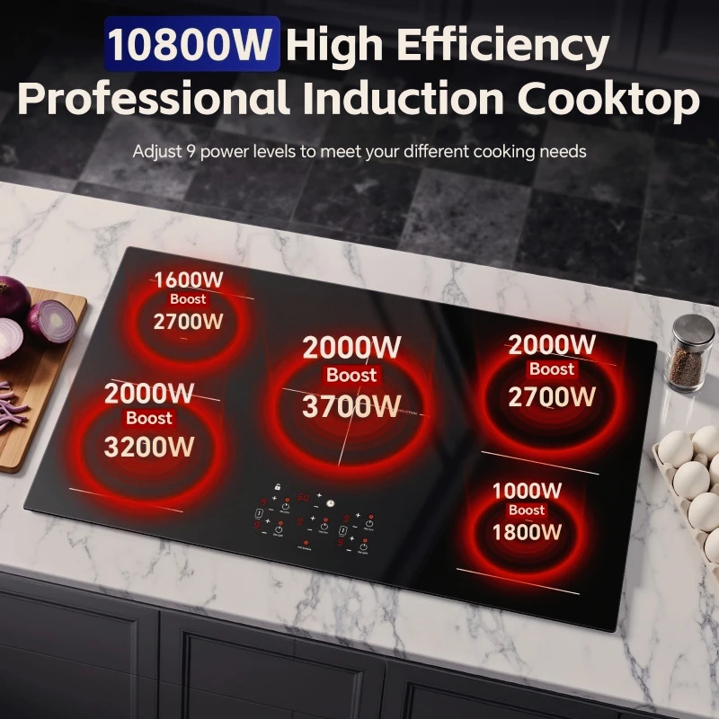36 inch Electric Induction Cooktop 5 Burners, 10800W,Timer,Sensor Touch Control
36 inch Electric Induction Cooktop 5 Burners, 10800W,Timer,Sensor Touch Control