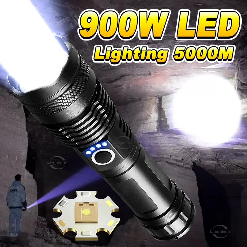 New 900W Most Powerful LED Flashlights 5 Modes 26650 Battery Flashlight Type-C High Power Torch Waterproof Zoom Tactical Lamp
New 900W Most Powerful LED Flashlights 5 Modes 26650 Battery Flashlight Type-C High Power Torch Waterproof Zoom Tactical Lamp