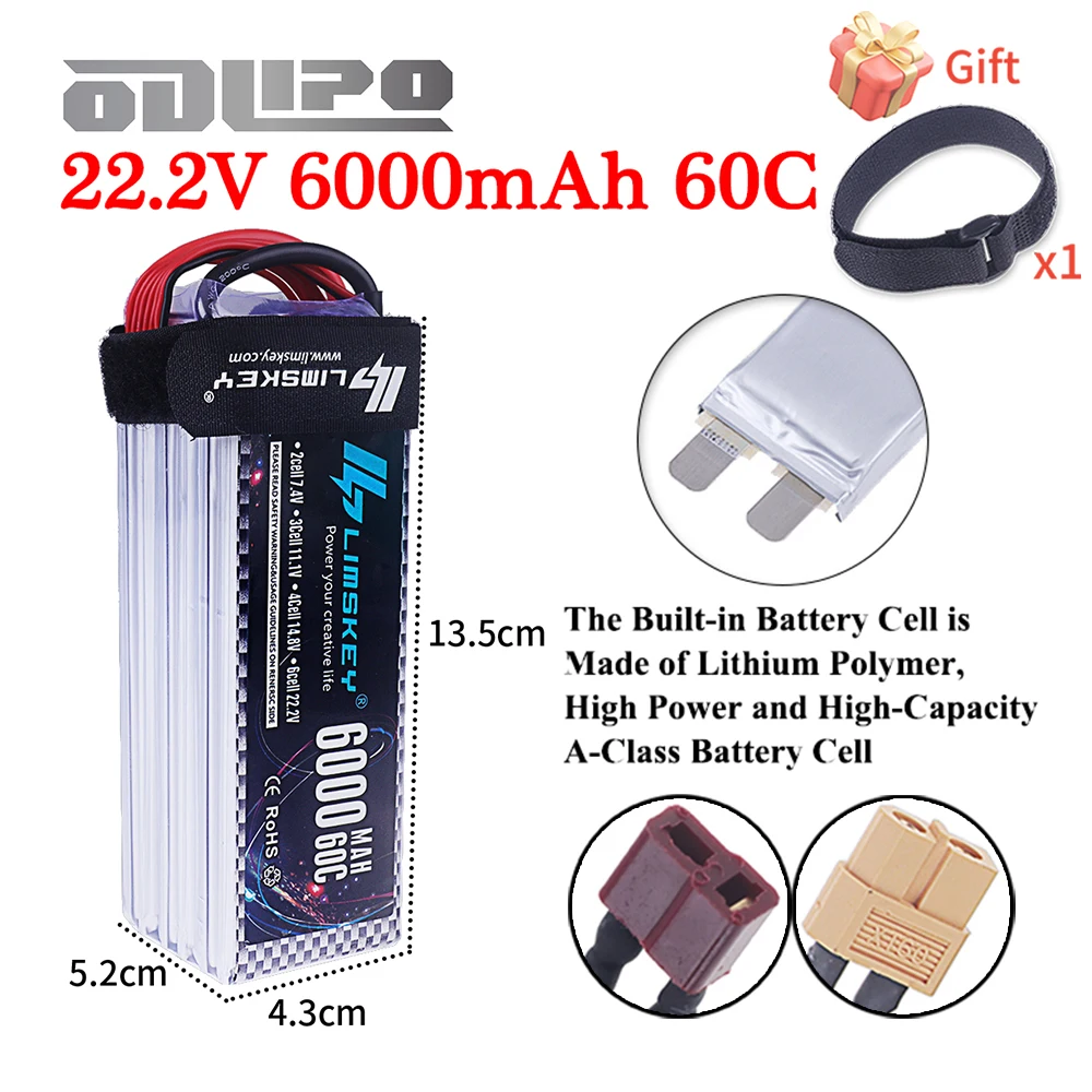 Аккумулятор LiPo 6000 мАч 22.2В 60C для радиоуправляемых моделей, 22.2В 6S, перезаряжаемый, для радиоуправляемых машин, FPV дронов, вертолетов, с разъемами Deans T и XT60
Аккумулятор LiPo 6000 мАч 22.2В 60C для радиоуправляемых моделей, 22.2В 6S, перезаряжаемый, для радиоуправляемых машин, FPV дронов, вертолетов, с разъемами Deans T и XT60