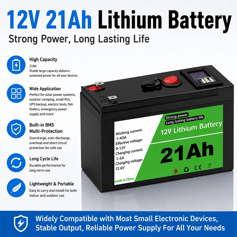 12V 21Ah Lithium Battery Built-in Smart BMS Protection Board for Solar Power System, RV Marine and Off-Grid Home Energy Storage
12V 21Ah Lithium Battery Built-in Smart BMS Protection Board for Solar Power System, RV Marine and Off-Grid Home Energy Storage