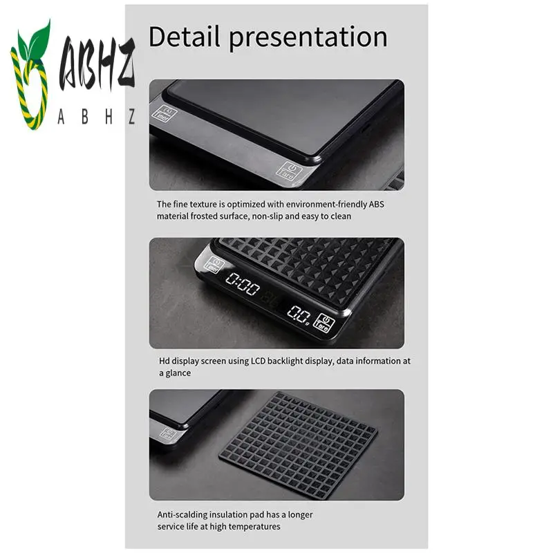 ABHZ-Digital Coffee Scale With Timer, Scale Timing Rechargeable Coffee Scale For Pour Over And Drip Coffee, 3Kg/0.1G
ABHZ-Digital Coffee Scale With Timer, Scale Timing Rechargeable Coffee Scale For Pour Over And Drip Coffee, 3Kg/0.1G