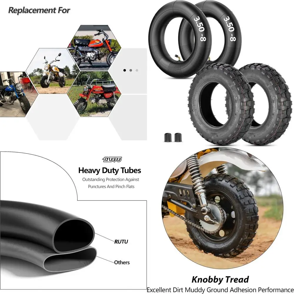 Шина 3.50-8 с внутренней трубкой - подходит для велосипеда Monkey Z50 Z50A Z50R Z50RD MT50 Mini Trail & Off-Road Bikes - изогнутые клапаны TR87 - Anti-Expl
Шина 3.50-8 с внутренней трубкой - подходит для велосипеда Monkey Z50 Z50A Z50R Z50RD MT50 Mini Trail & Off-Road Bikes - изогнутые клапаны TR87 - Anti-Expl