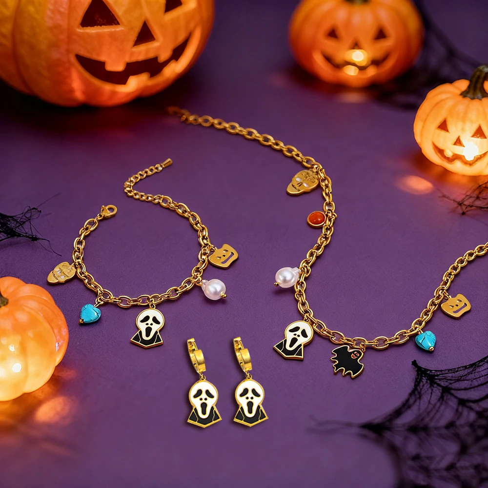 DODOHAO Gothic Women's Stainless Steel Jewelry Set Ghost Bat Pumpkin Pendant Necklace Bracelet Earrings Halloween Jewelry Gift
DODOHAO Gothic Women's Stainless Steel Jewelry Set Ghost Bat Pumpkin Pendant Necklace Bracelet Earrings Halloween Jewelry Gift
