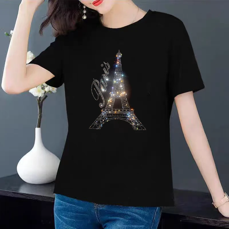Fashion Rhinestone Iron Tower Embossed T-Shirt for Women, Short Sleeve Ice Silk Cotton Casual Summer Top
Fashion Rhinestone Iron Tower Embossed T-Shirt for Women, Short Sleeve Ice Silk Cotton Casual Summer Top