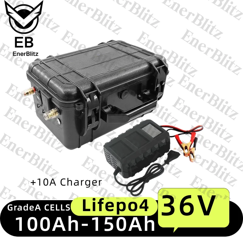 Waterproof 36V 150Ah 100Ah 120Ah LiFepo4 lithium battery pack with BMS for fishing boats solar system motor EV RV+10A charger
Waterproof 36V 150Ah 100Ah 120Ah LiFepo4 lithium battery pack with BMS for fishing boats solar system motor EV RV+10A charger