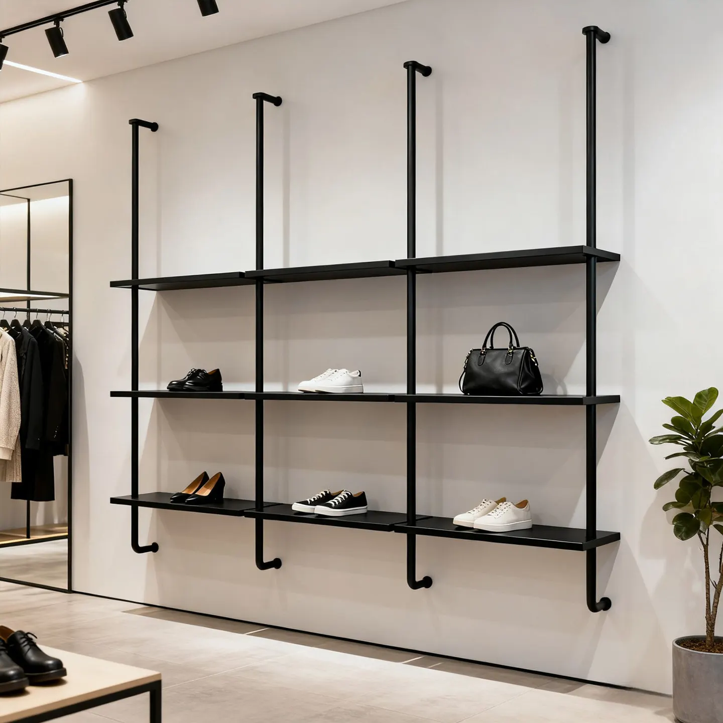 Clothing store shoes and bags on the wall display rack wrought iron black display rack women's clothing jewelry shelf
Clothing store shoes and bags on the wall display rack wrought iron black display rack women's clothing jewelry shelf