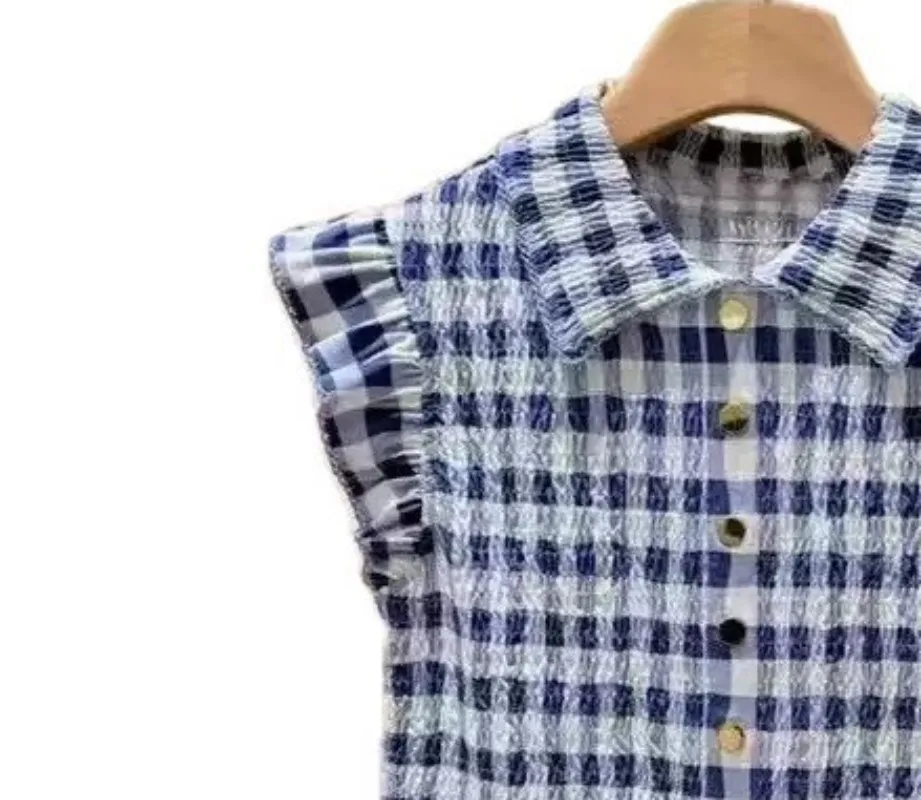 Early Spring Women Blue Plaid Pleated Short Sleev POLO Collar Single Breasted Wood Ear Sleeves Shirt Top
Early Spring Women Blue Plaid Pleated Short Sleev POLO Collar Single Breasted Wood Ear Sleeves Shirt Top