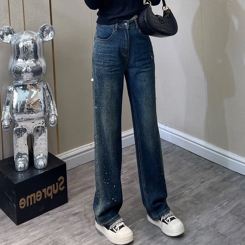 Женские прямые джинсовые джинсы с высокой талией, эластичные блестящие тяжелые брюки, облегающие широкие брюки, весна-осень, новинка Sle
Женские прямые джинсовые джинсы с высокой талией, эластичные блестящие тяжелые брюки, облегающие широкие брюки, весна-осень, новинка Sle