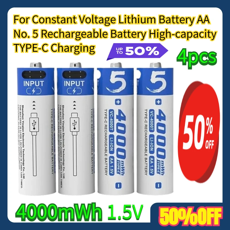 4pcs For 1.5V Constant Voltage Lithium Battery AA No. 5 Rechargeable Battery 4000mWh High-capacity TYPE-C Charging
4pcs For 1.5V Constant Voltage Lithium Battery AA No. 5 Rechargeable Battery 4000mWh High-capacity TYPE-C Charging