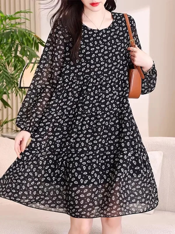 Black Floral Print Long Sleeve round Neck Midi Dress Women's Loose Fitting Chiffon Skirt plus Size Casual Style Polyester Fiber
Black Floral Print Long Sleeve round Neck Midi Dress Women's Loose Fitting Chiffon Skirt plus Size Casual Style Polyester Fiber