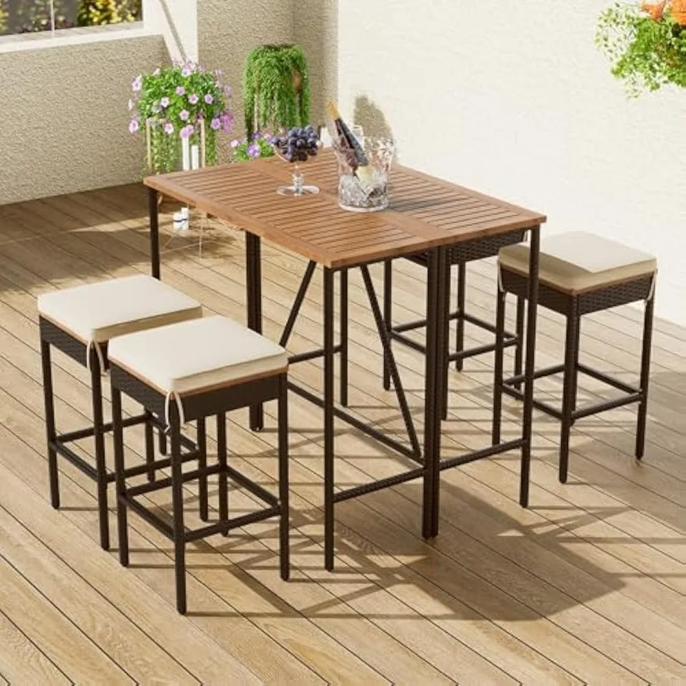 5-Piece Outdoor Dining Set, Acacia Wood Bar Height Table and 4 Stools with Removable Cushions, PE Wicker Dining Table with Fold
5-Piece Outdoor Dining Set, Acacia Wood Bar Height Table and 4 Stools with Removable Cushions, PE Wicker Dining Table with Fold