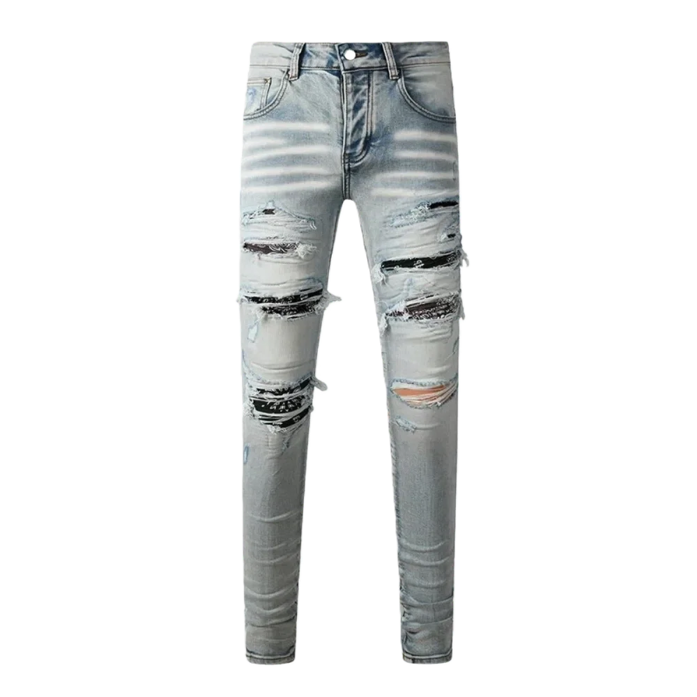 Высококачественные винтажные джинсы с заплатками, перфорированным процессом стирки, модным дизайном на пуговицах и уличным стилем.
Высококачественные винтажные джинсы с заплатками, перфорированным процессом стирки, модным дизайном на пуговицах и уличным стилем.