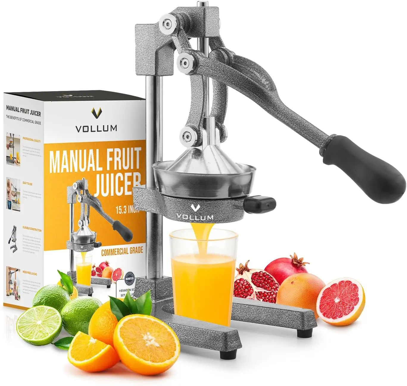 Commercial Grade Hand Press Citrus Juicer - Stainless Steel & Cast Iron, Non-Skid Base, 15 Inch, Gray
Commercial Grade Hand Press Citrus Juicer - Stainless Steel & Cast Iron, Non-Skid Base, 15 Inch, Gray