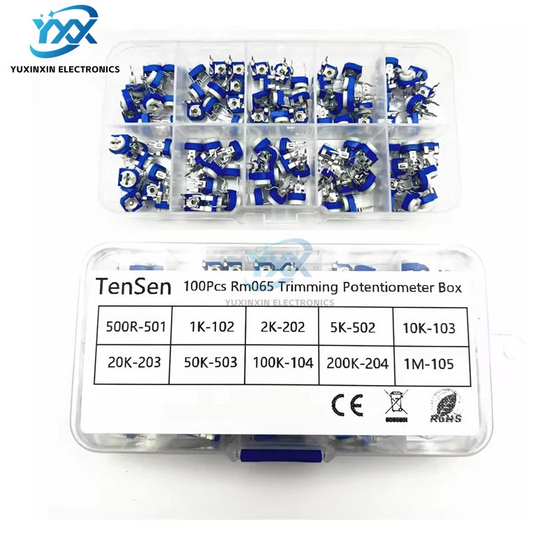 RM065 Trimmer Potentiometer Assortment Kit 10 Values x 10PCS (100PCS Total) Adjustable Resistor Box Set Horizontal Blue White
RM065 Trimmer Potentiometer Assortment Kit 10 Values x 10PCS (100PCS Total) Adjustable Resistor Box Set Horizontal Blue White