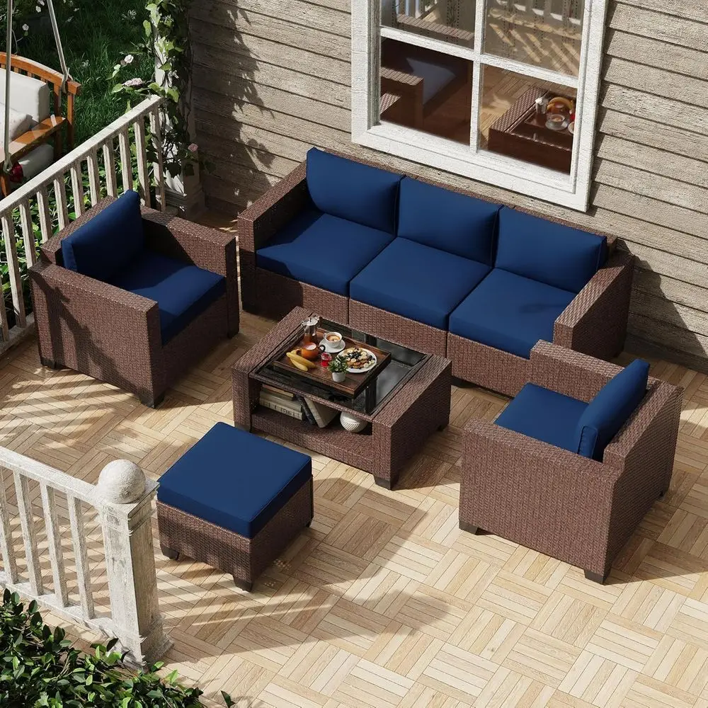 7-Piece All-Weather PE Rattan Outdoor Sectional Sofa Set with Cushions and 2-Tier Glass Coffee Table - Brown/Blue
7-Piece All-Weather PE Rattan Outdoor Sectional Sofa Set with Cushions and 2-Tier Glass Coffee Table - Brown/Blue