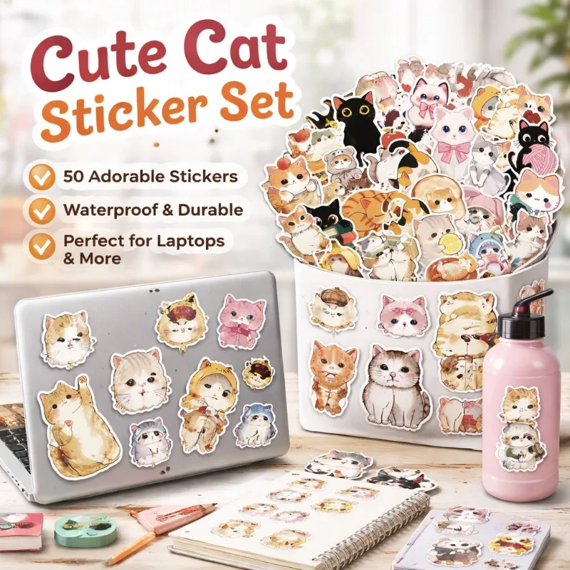 50Pcs Cute Cat Graffiti Waterproof Stickers, DIY Decorative Decals for Journal Stationery Luggage Notebook Gift Handcraft
50Pcs Cute Cat Graffiti Waterproof Stickers, DIY Decorative Decals for Journal Stationery Luggage Notebook Gift Handcraft