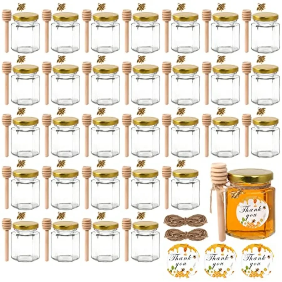 3 oz Mini Honey Jars - 30 Pack Hexagon Glass Jars with Wood Dippers Gold Lids Bee Pendants Jutes Stickers for Wedding Favors Pa
3 oz Mini Honey Jars - 30 Pack Hexagon Glass Jars with Wood Dippers Gold Lids Bee Pendants Jutes Stickers for Wedding Favors Pa