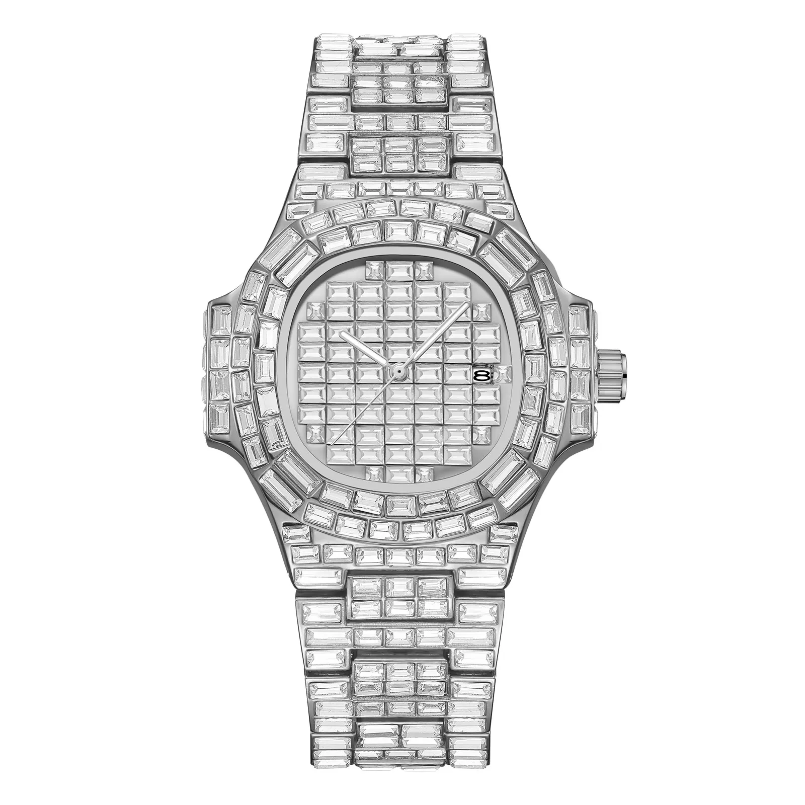 

Top Bing Men Women Baguette Diamond Iced Out Watch Stainless Steel Quartz Movement Waterproof Luminous Hand reloj hombre