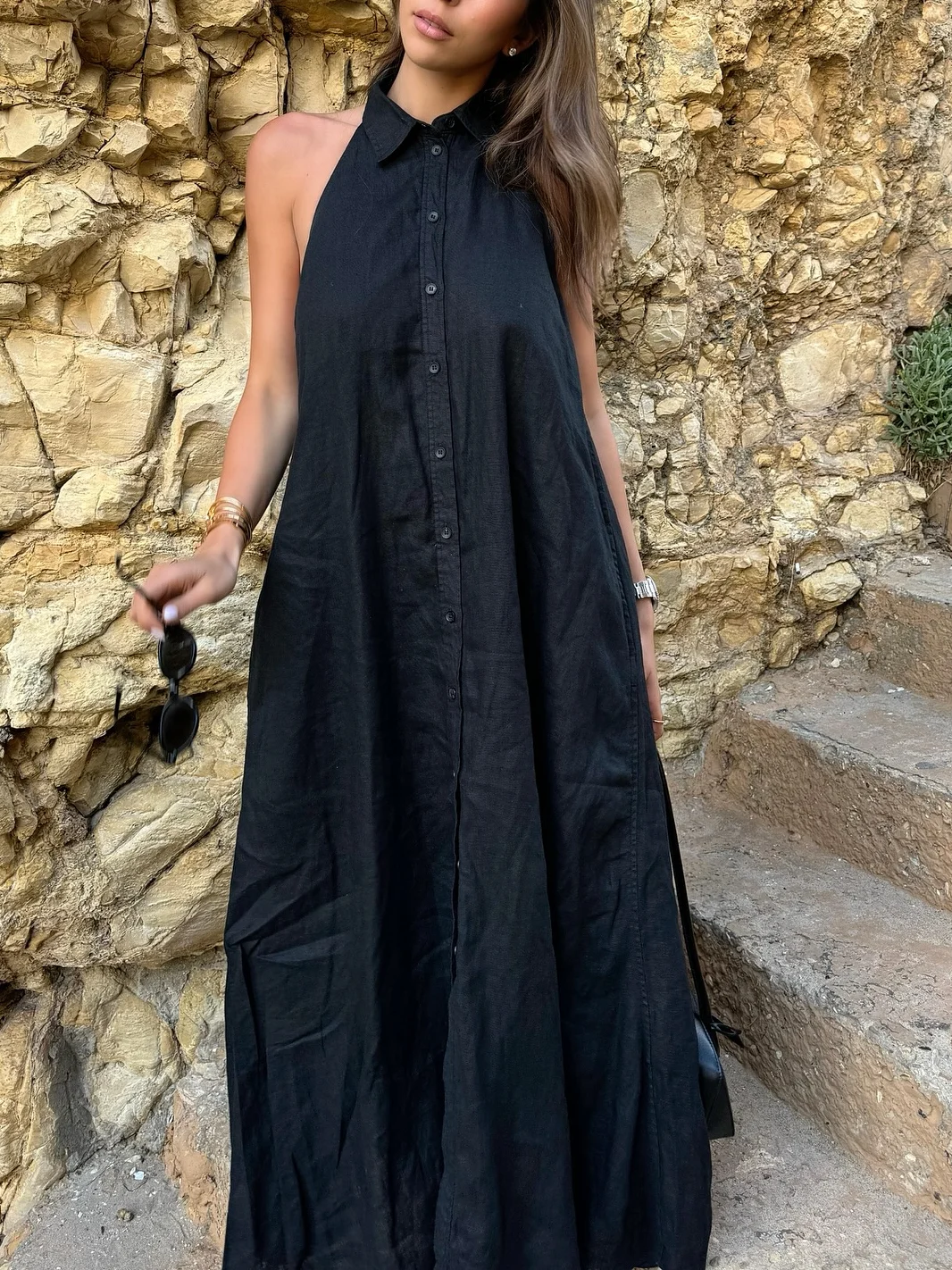 Women's new summer linen black halter neck casual loose robe dress sexy strapless backless design personality fashion
Women's new summer linen black halter neck casual loose robe dress sexy strapless backless design personality fashion