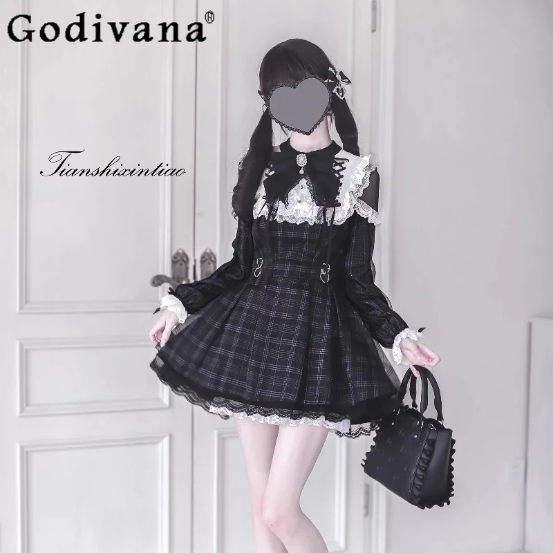 Original Japanese Lolita Long Sleeve Dress Autumn New Women's High Waist Slim Elegant Princess Dress Daily Sweet Plaid Dress 
Original Japanese Lolita Long Sleeve Dress Autumn New Women's High Waist Slim Elegant Princess Dress Daily Sweet Plaid Dress
