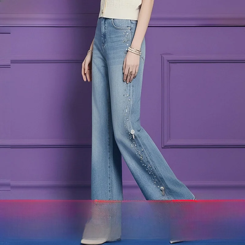Blue High Waist Wide Leg Jeans Women's Summer Fashionable Versatile Straight Cut Loose Casual Denim Pants with Rhinestones
Blue High Waist Wide Leg Jeans Women's Summer Fashionable Versatile Straight Cut Loose Casual Denim Pants with Rhinestones