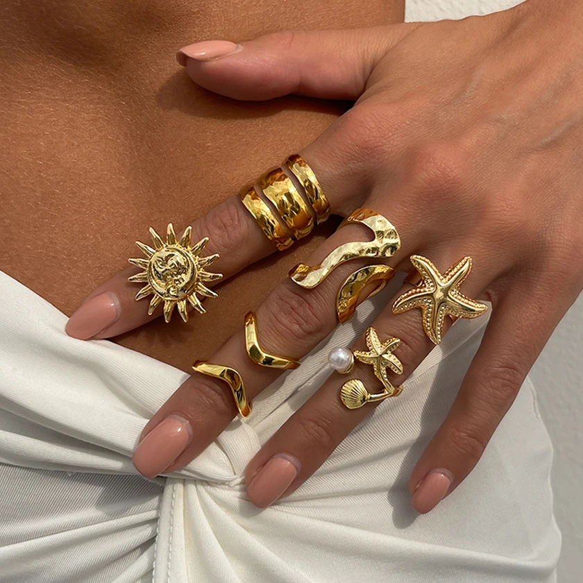 Ingemark 6Pcs/Set Boho Metal Starfish Sunflower Open Rings for Women Trendy Creative Irregular Geometric Ring Wed Couple Jewelry
Ingemark 6Pcs/Set Boho Metal Starfish Sunflower Open Rings for Women Trendy Creative Irregular Geometric Ring Wed Couple Jewelry