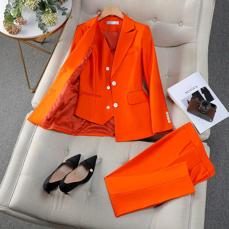 Pink Navy Orange Office Ladies Business Work Career Wear Formal Suit Autumn Winter Women Vest Blazer and Pant 3 Pieces Set
Pink Navy Orange Office Ladies Business Work Career Wear Formal Suit Autumn Winter Women Vest Blazer and Pant 3 Pieces Set