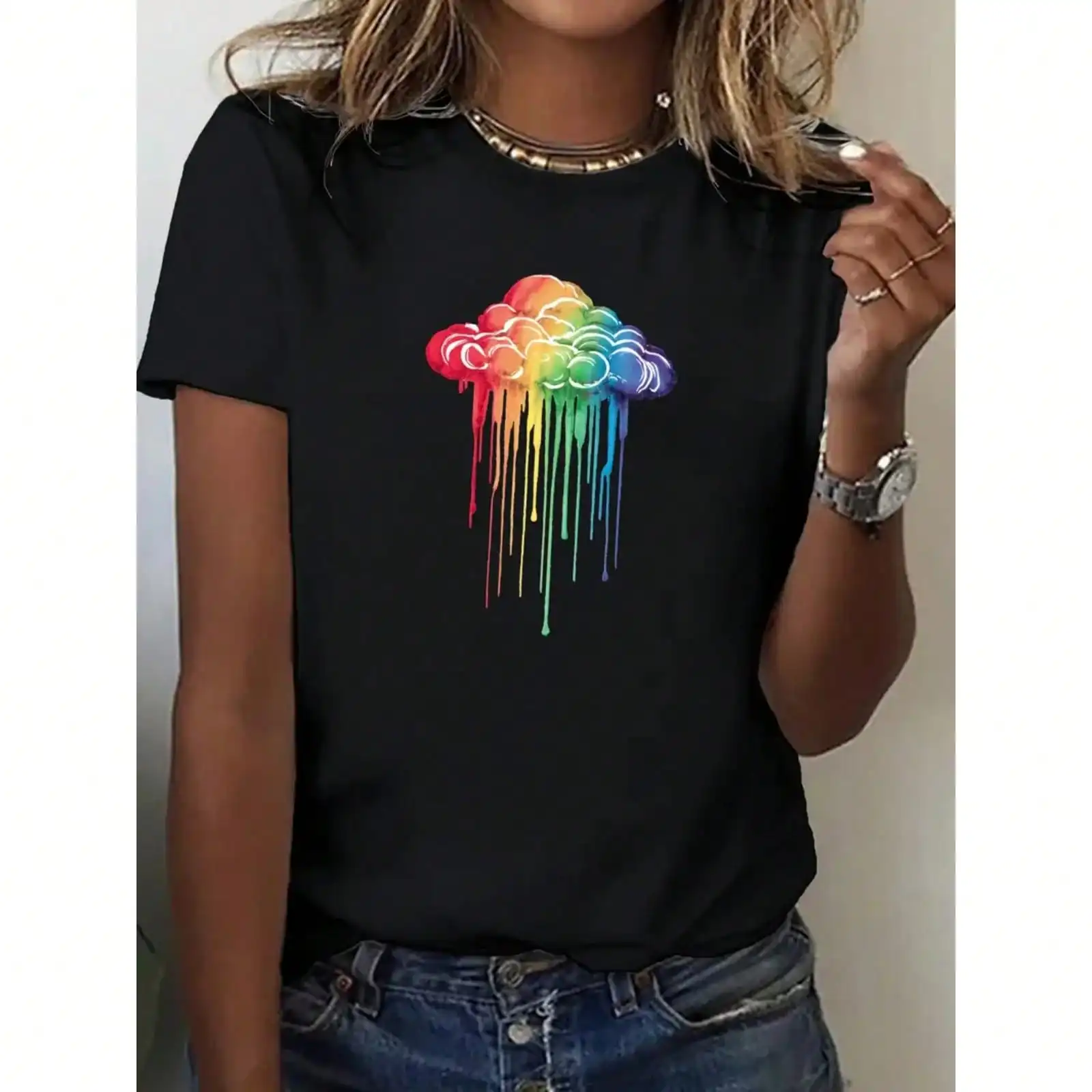 100% Cotton Rainbow Waterfall Cloud Print Women's T-Shirt, Casual Fashion Comfortable Round Neck Short Sleeve
100% Cotton Rainbow Waterfall Cloud Print Women's T-Shirt, Casual Fashion Comfortable Round Neck Short Sleeve