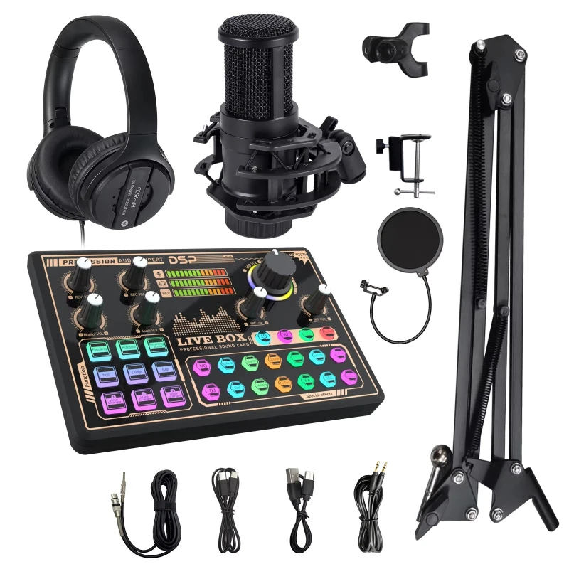 Hot-selling V9 sound card podcast desktop recording music full set microphone live sound card with earphones
Hot-selling V9 sound card podcast desktop recording music full set microphone live sound card with earphones