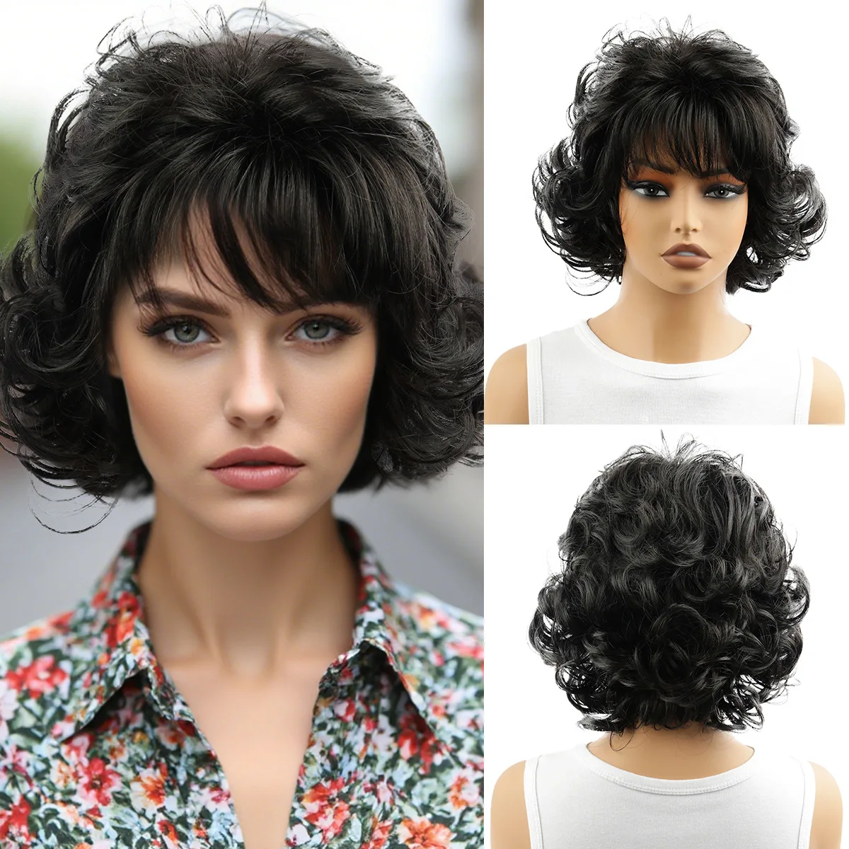 Hot-selling summer wig women's black fluffy short curly hair headgear chemical fiber full headgear
Hot-selling summer wig women's black fluffy short curly hair headgear chemical fiber full headgear